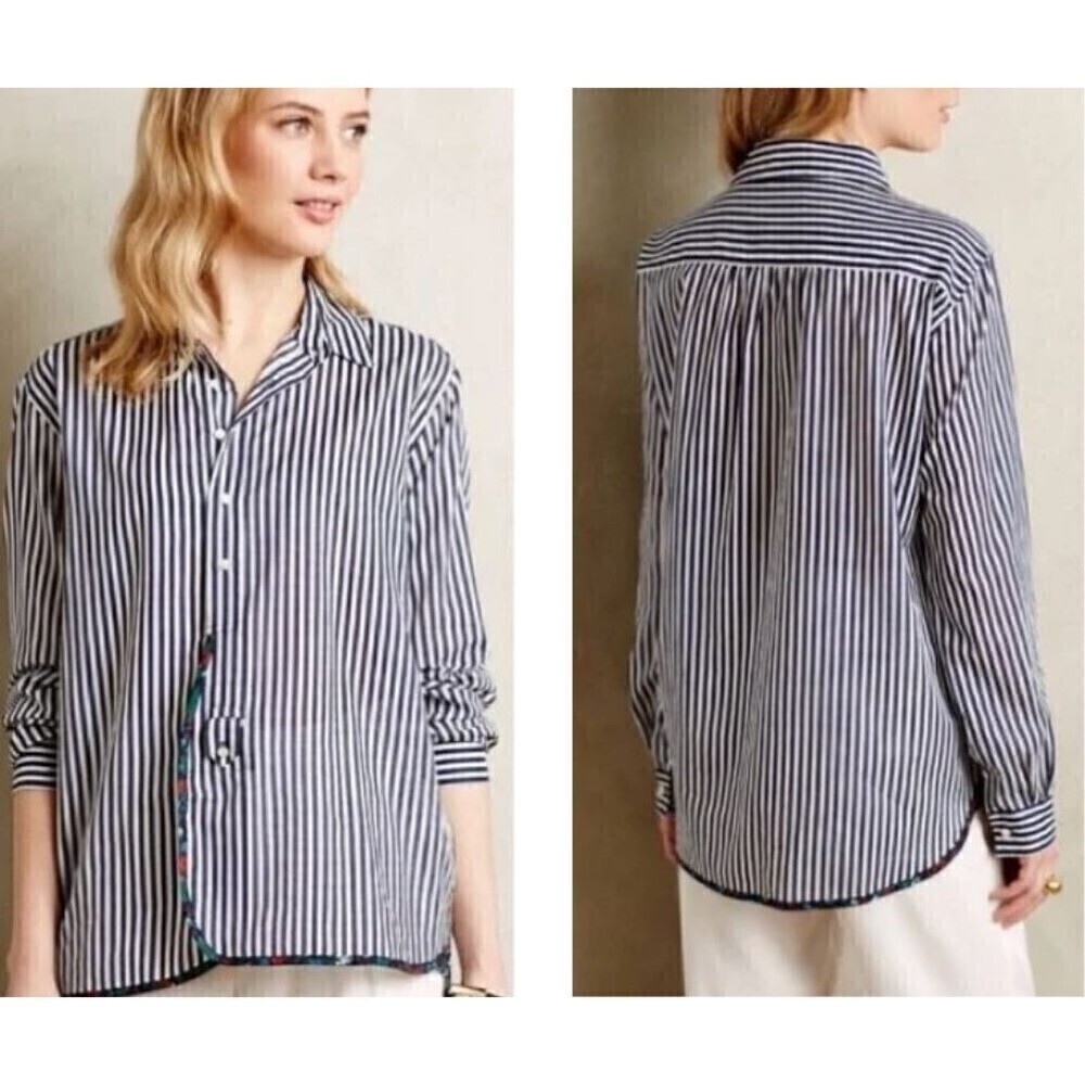 Holding Horses Women's Size M Button Stripped Floral Cotton Blouse Top Nautical - Picture 3 of 15